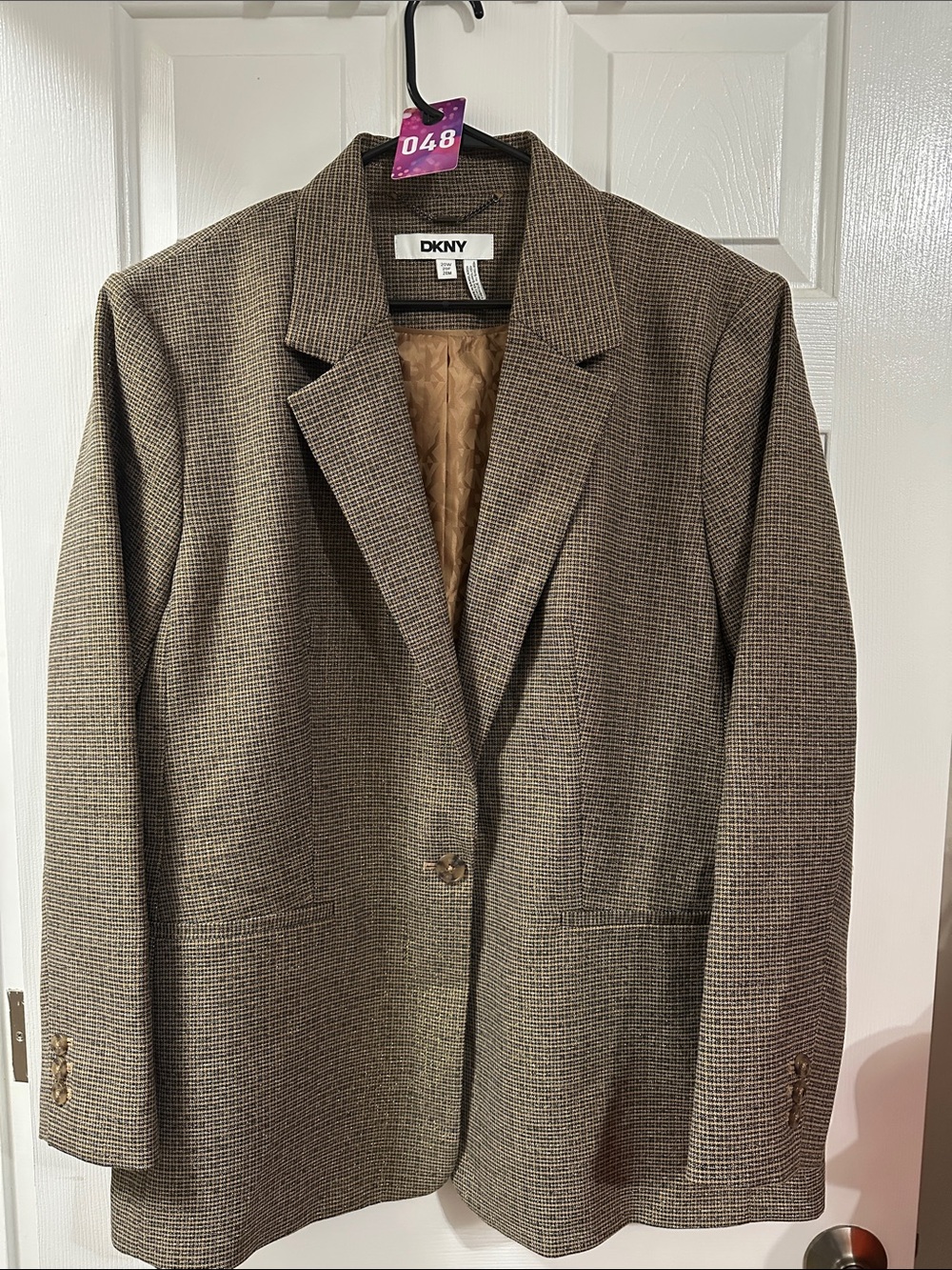 DKNY Brown Glen Plaid Single-Button Blazer Jacket